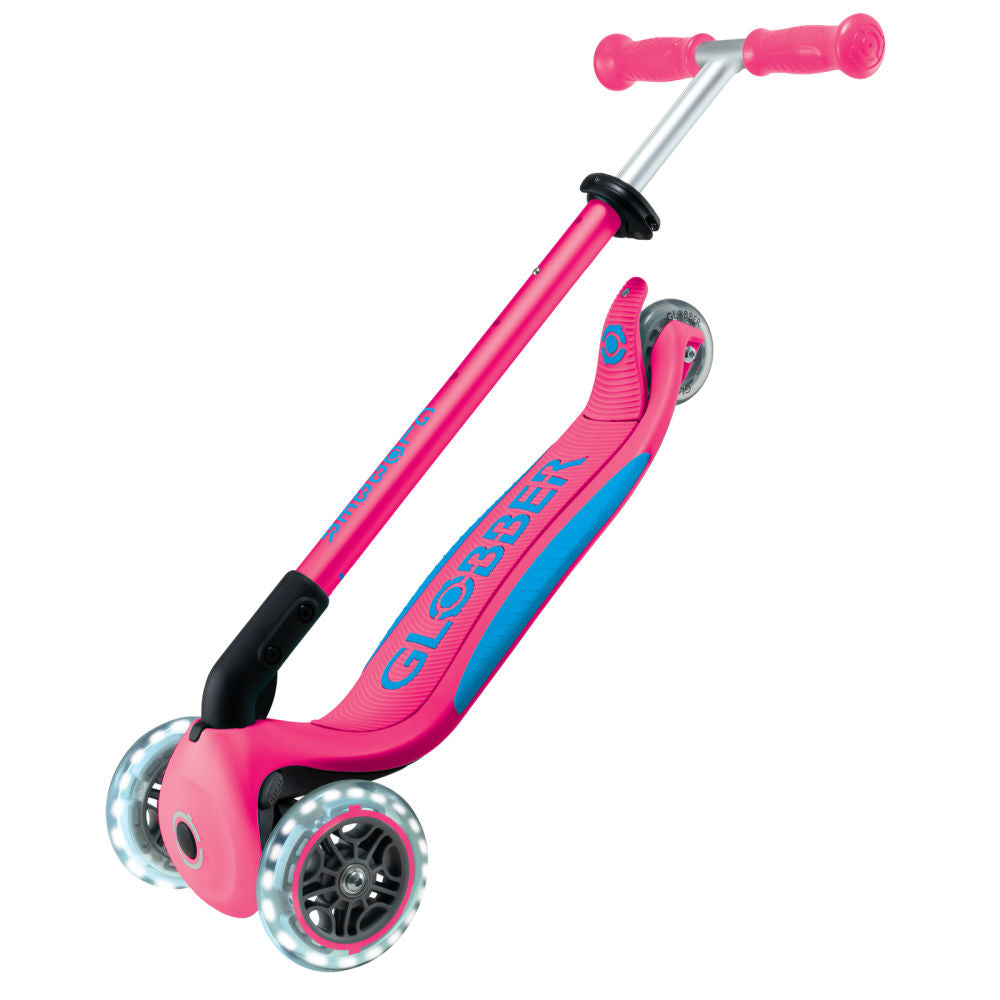 Globber-3-Wheel-Primo-Foldable-Plus-Light-Up-Scooter-Fuchsia-Pink-Folded-Image