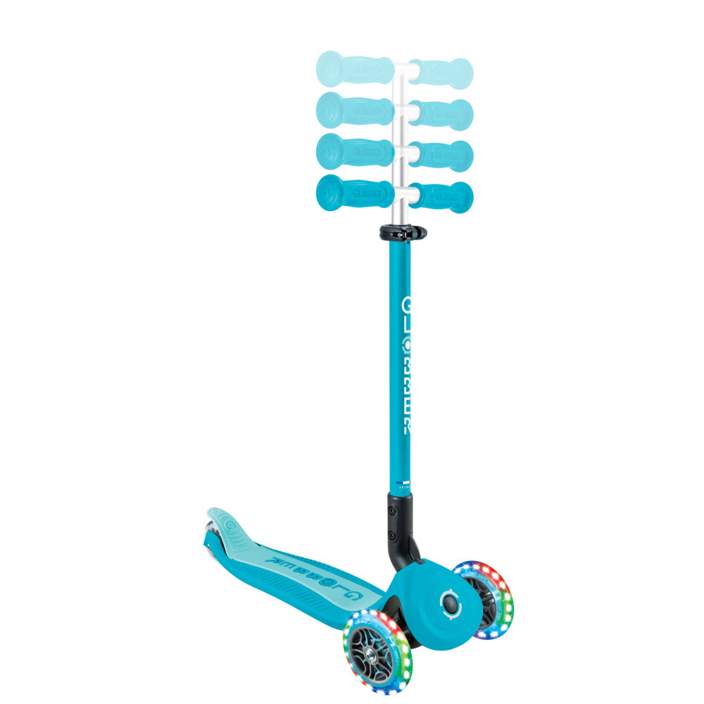 Globber-Go-Up-Active-Lights-Foldable-360-Scooter-Aqua-Showing-Height-Adjust