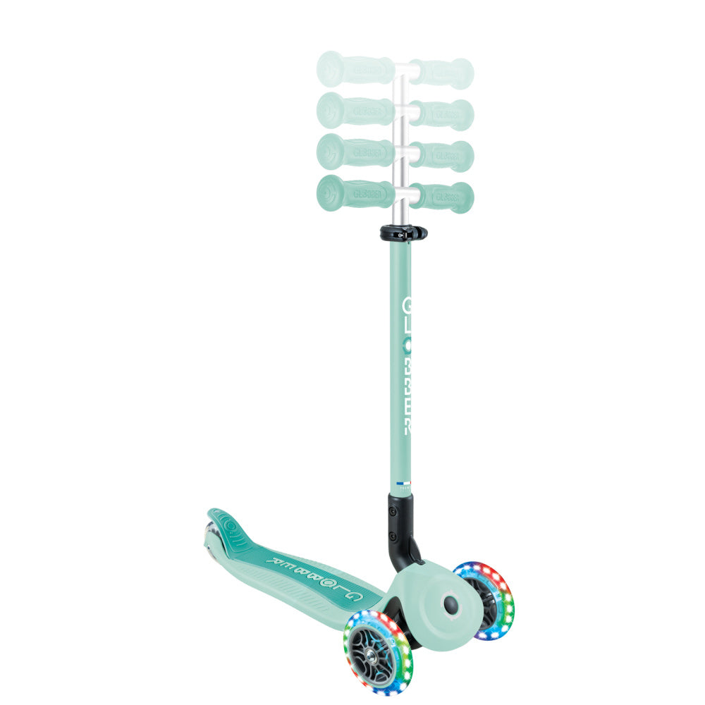 Globber-Go-Up-Active-Lights-Foldable-360-Scooter-Mint-Showing-Height-Adjust