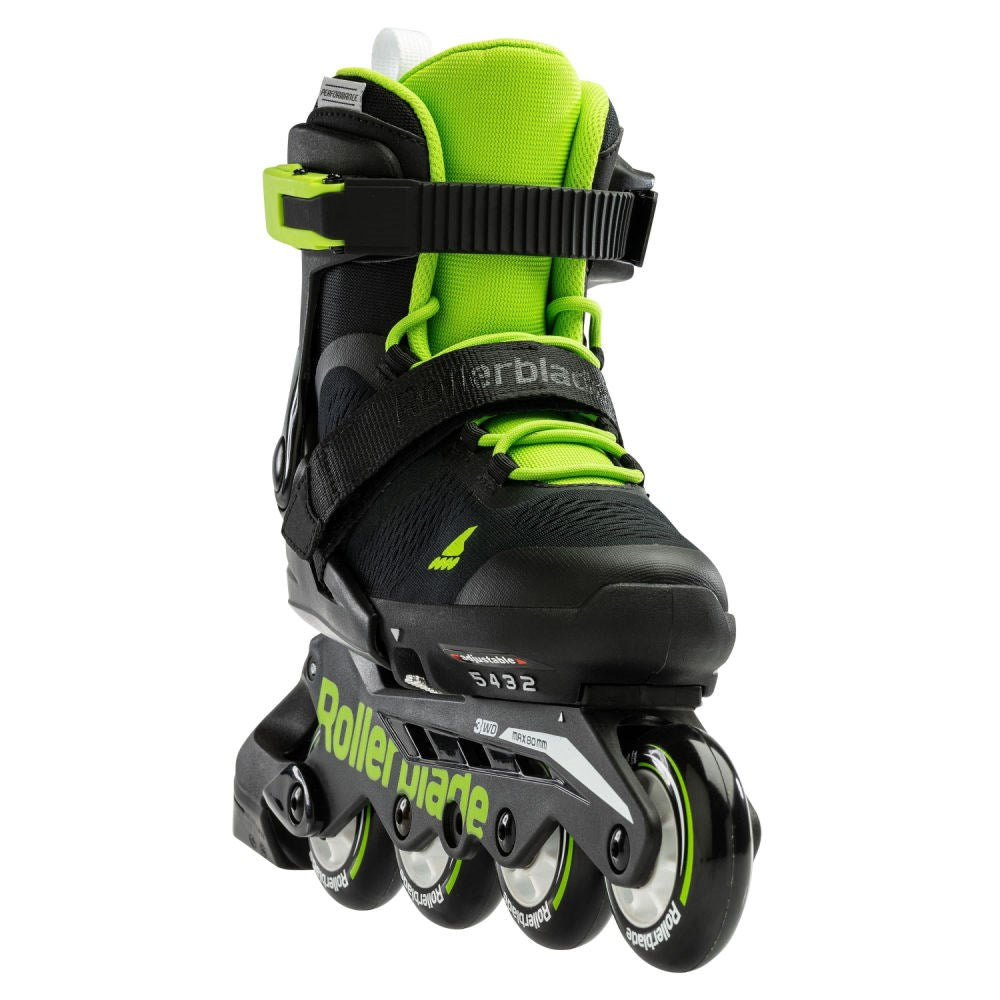 Rollerblade-Microblade-Kids-Adjustable-Inline-Roller-Skate-Black-Green-Front-View