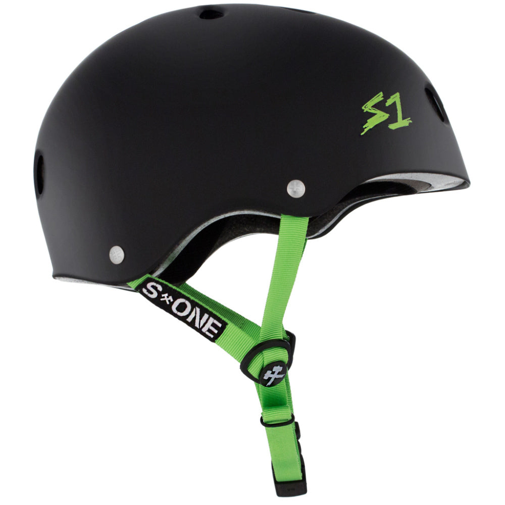 S-One-Lifer-Helmet-Matte-Black-With-Green-Straps-Side