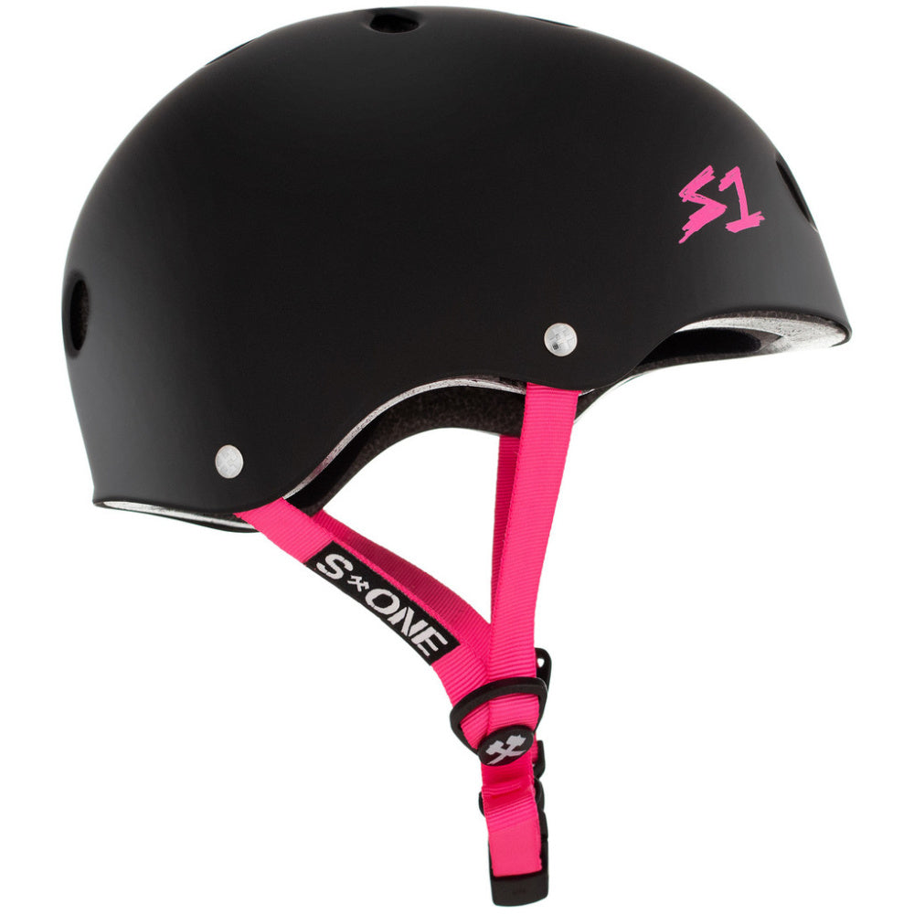 S-One-Lifer-Helmet-Matte-Black-With-Pink-Straps-Side